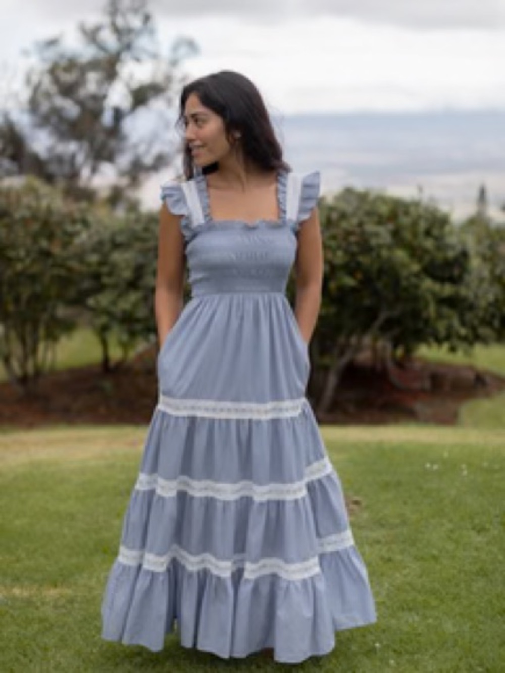 NWOT Neuflora dress
Smocked Blue Maxi Dress with Ruffle Straps and Lace Bands